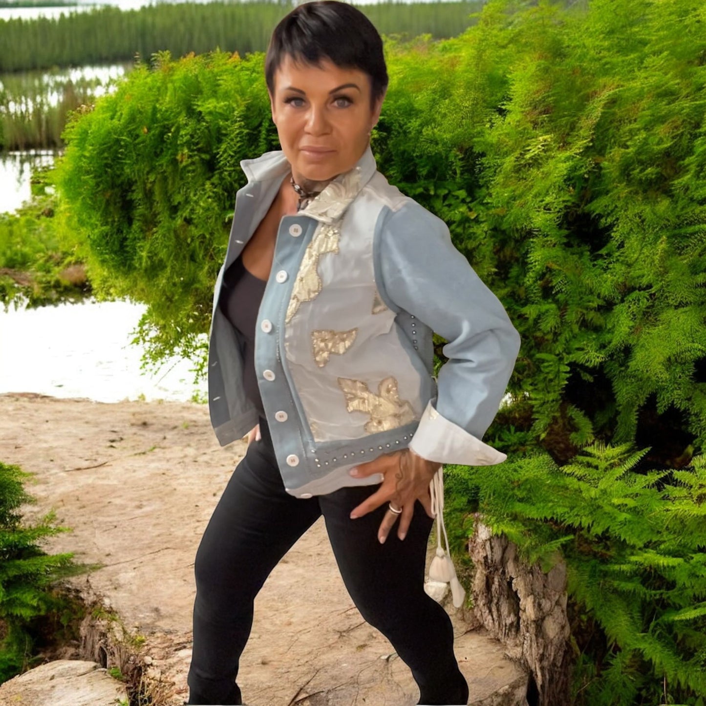 veste jeans brochée - L'autre mode