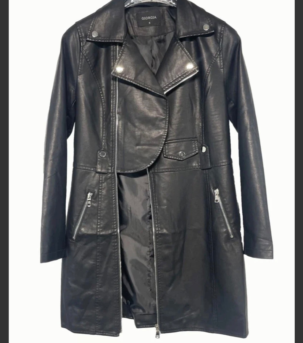Manteau long cintré en similicuir style biker