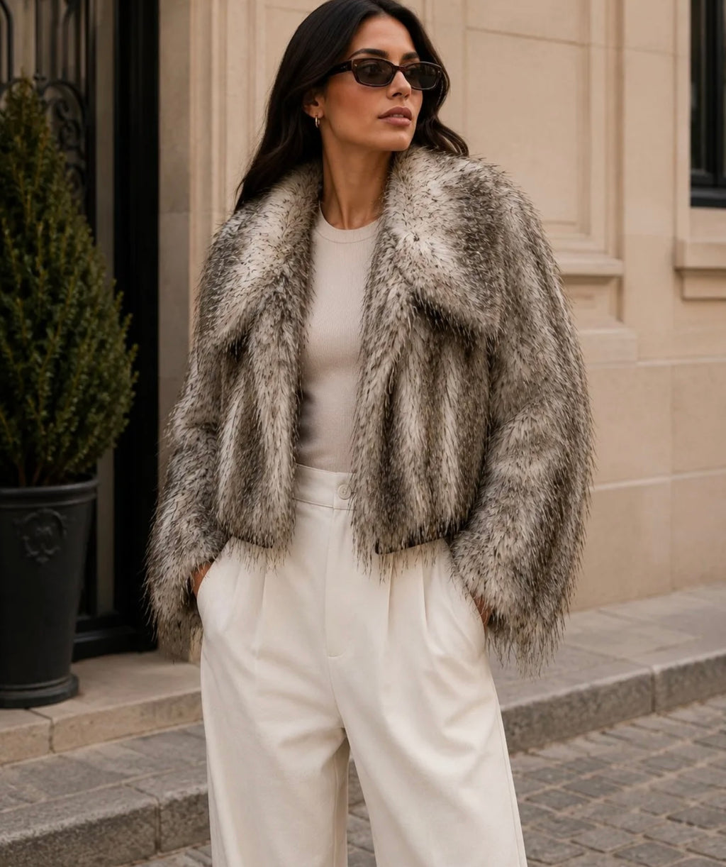 Veste Fourrures et Tissu Coupe Vent Réversible et Imperméabl