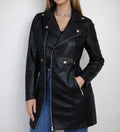 Manteau long cintré en similicuir style biker