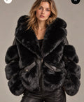 Manteau court bicolore similicuir et fausse fourrure à capuche