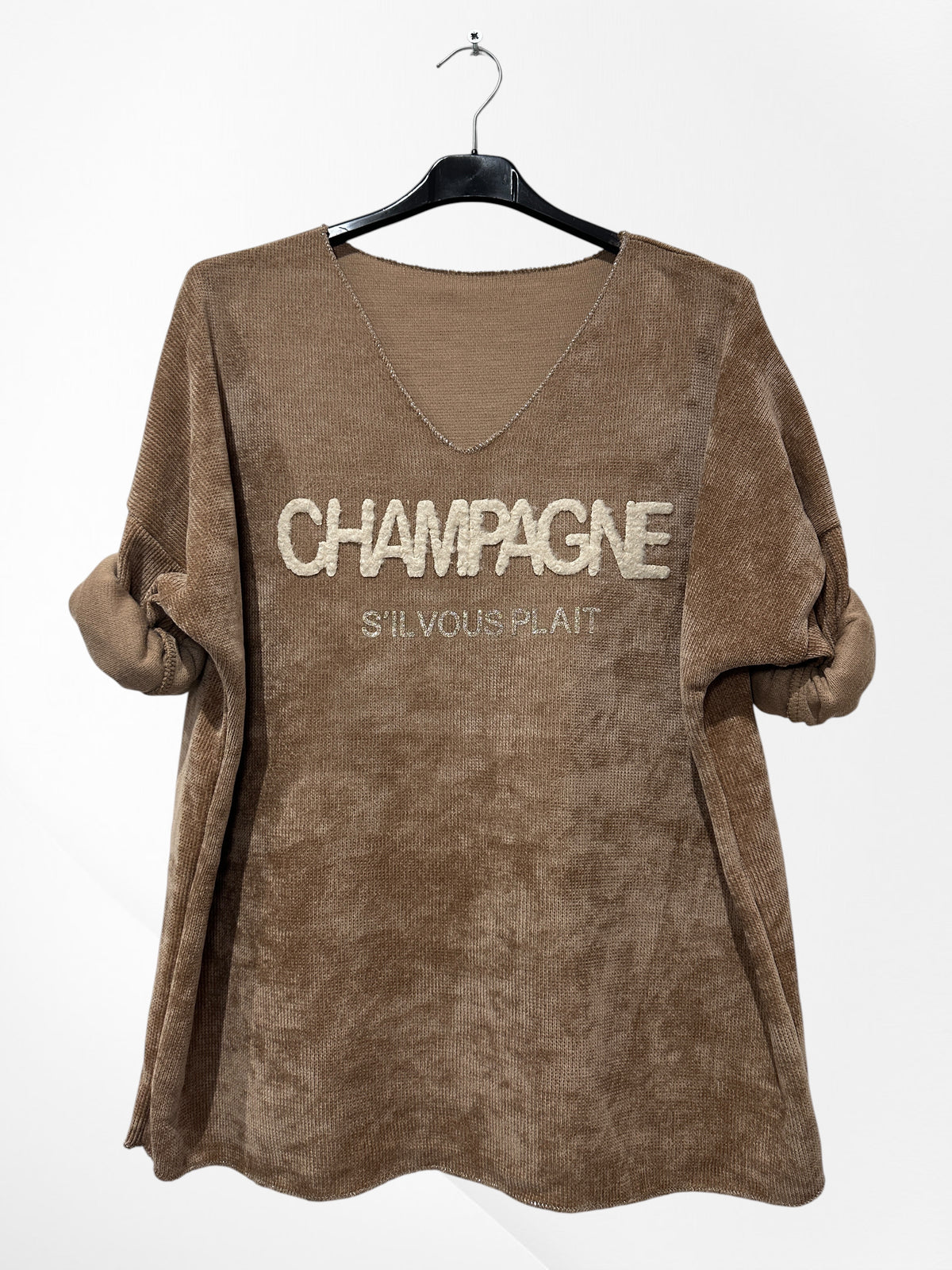 Pull en velour col V avec imprimer Champagne