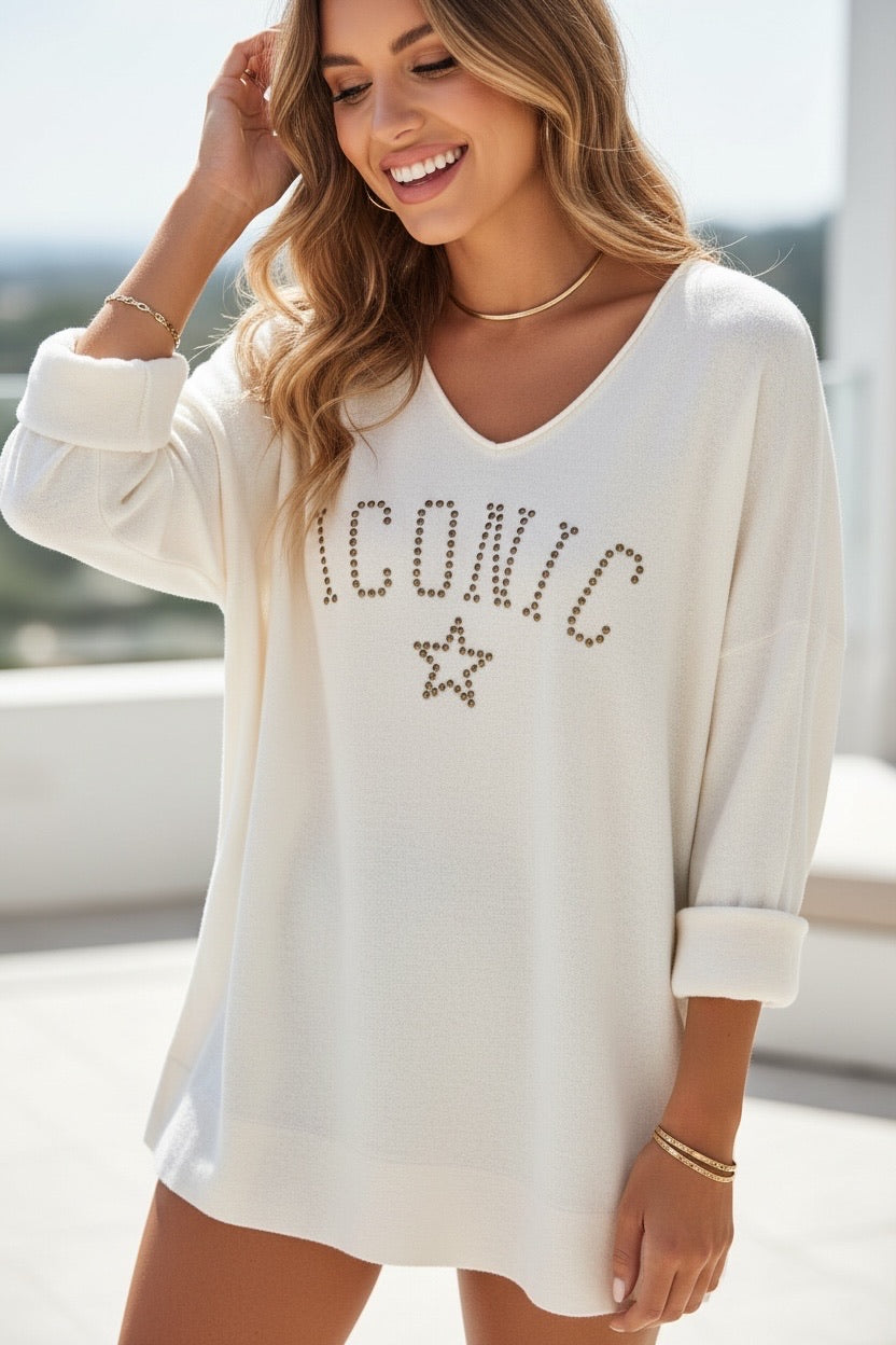 Pull en velour col V avec imprimer ICONIC