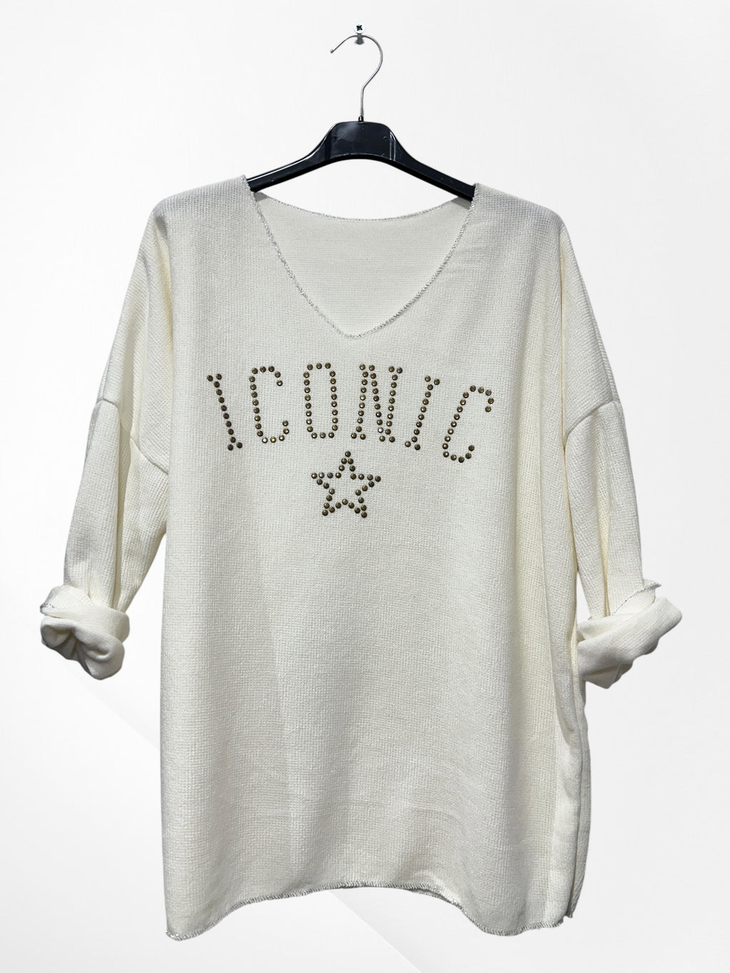Pull en velour col V avec imprimer ICONIC