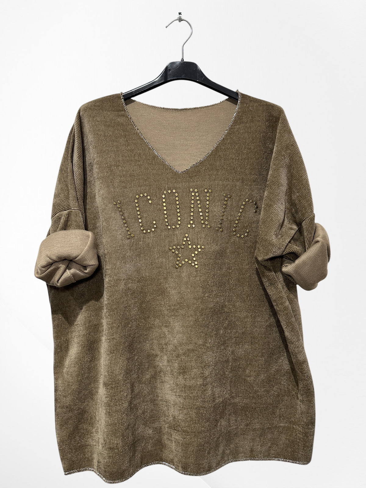 Pull en velour col V avec imprimer ICONIC