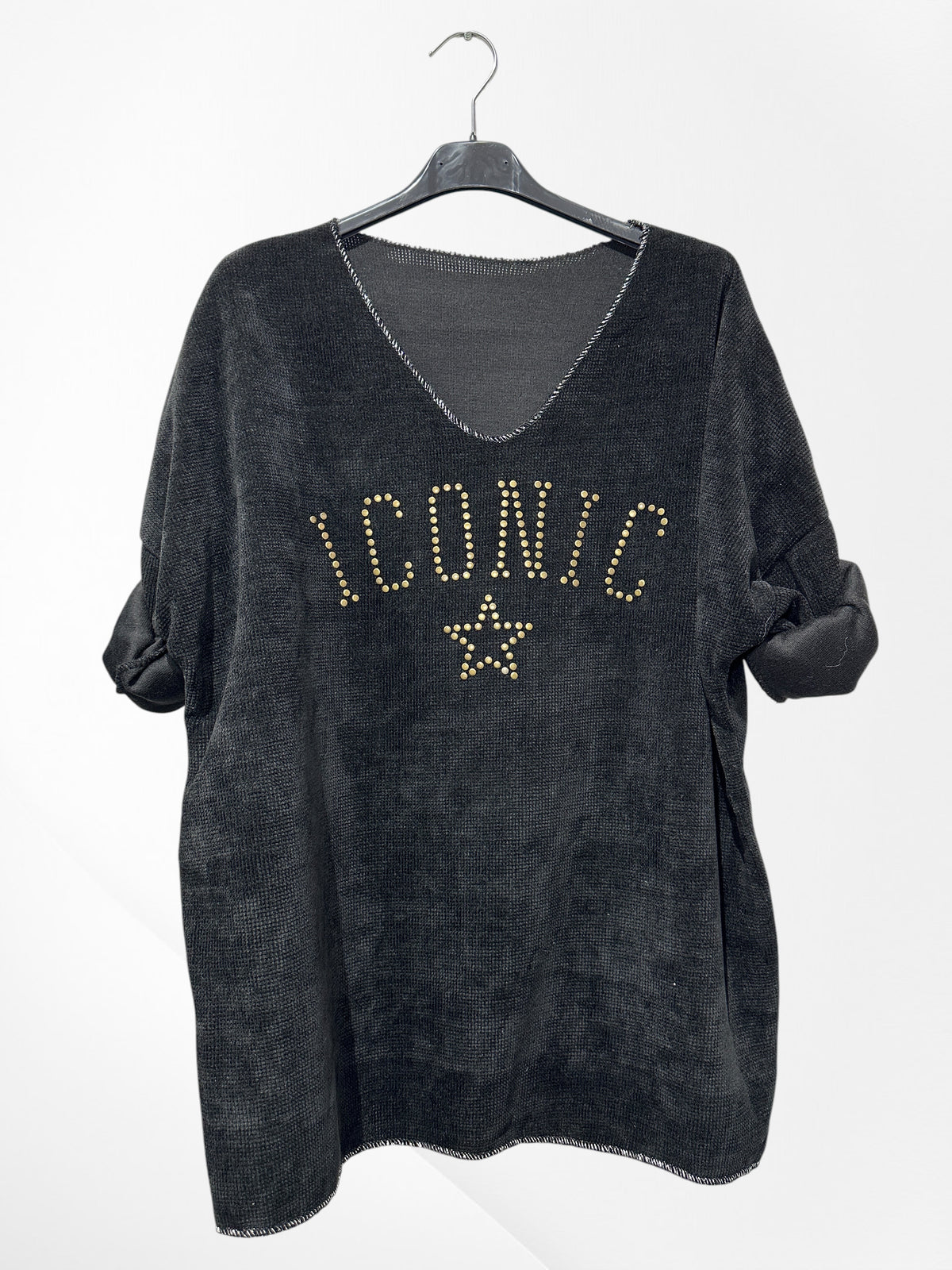 Pull en velour col V avec imprimer ICONIC