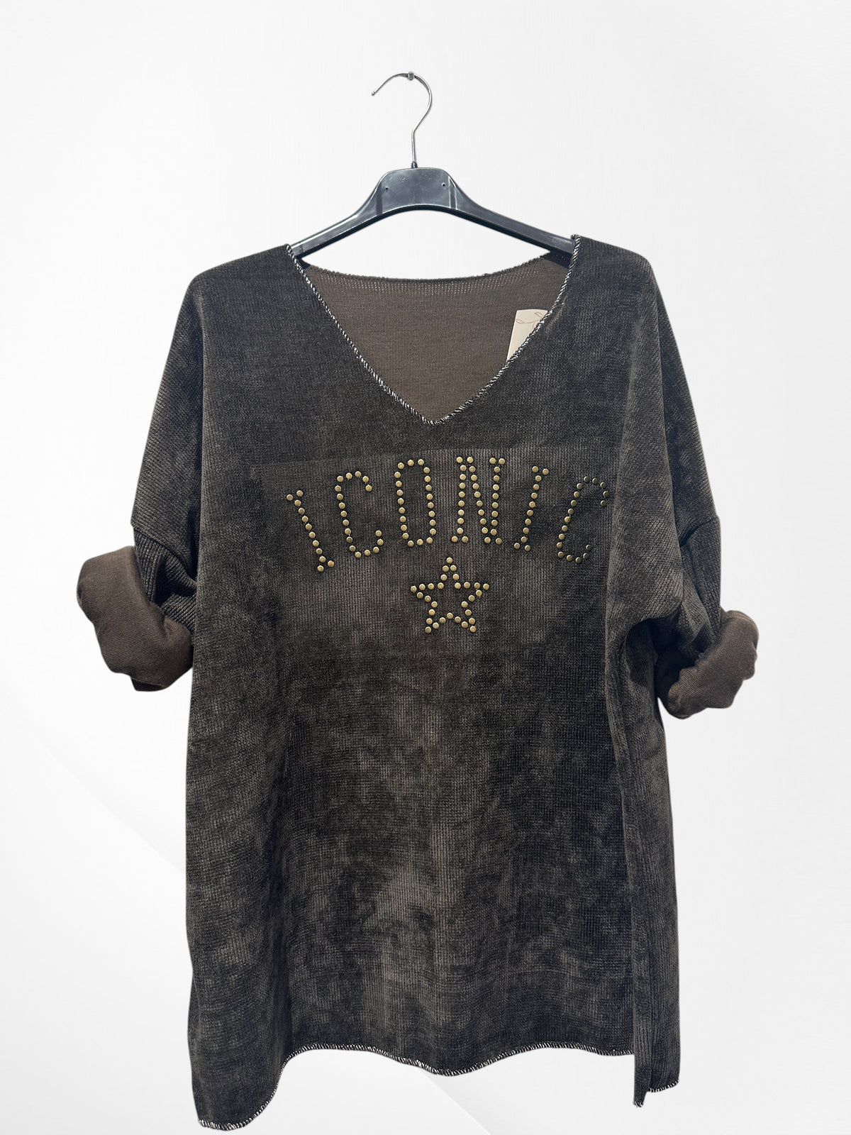 Pull en velour col V avec imprimer ICONIC