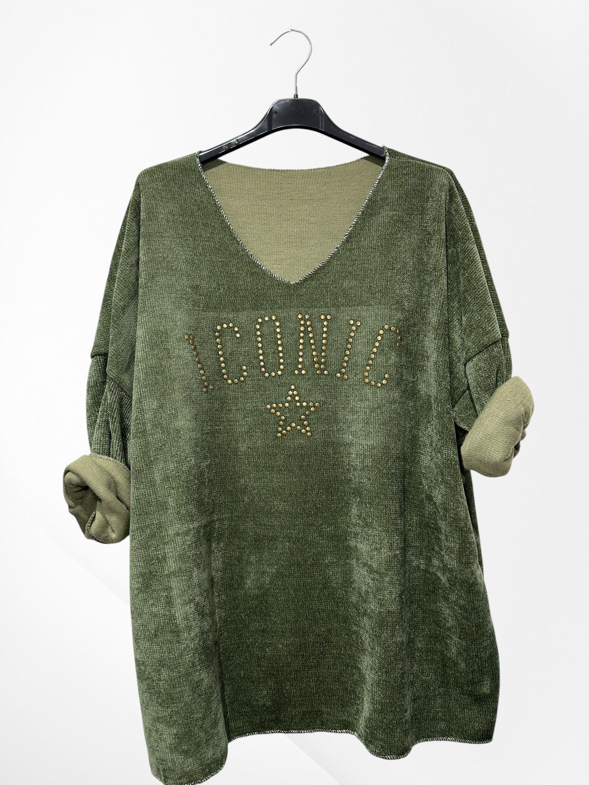 Pull en velour col V avec imprimer ICONIC