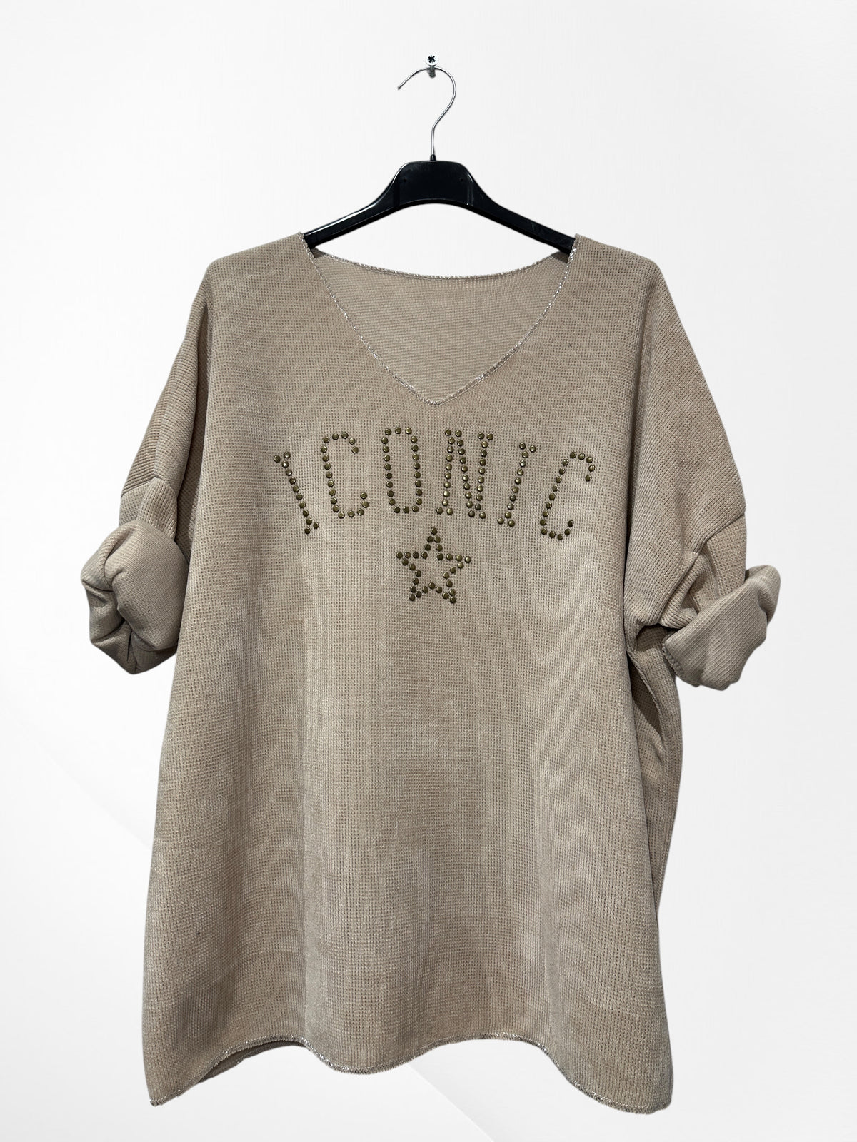 Pull en velour col V avec imprimer ICONIC