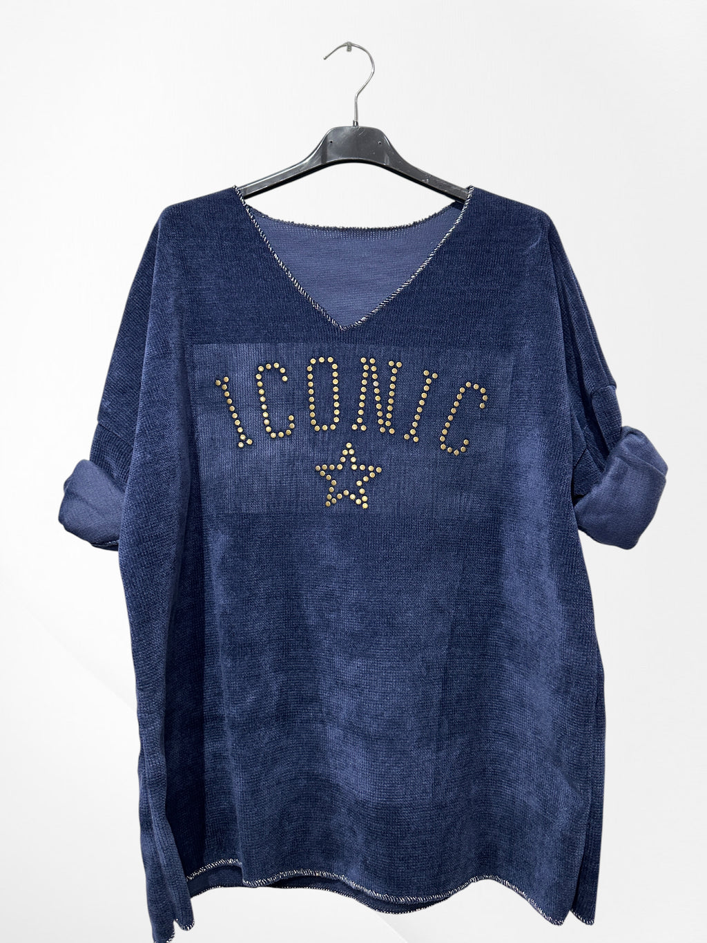 Pull en velour col V avec imprimer ICONIC