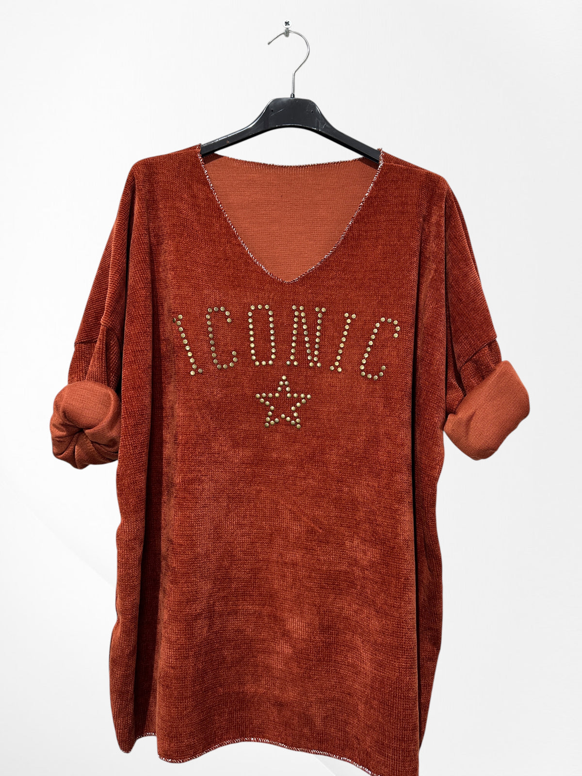 Pull en velour col V avec imprimer ICONIC