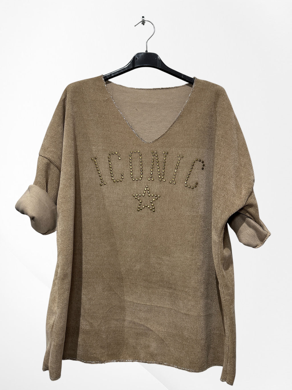Pull en velour col V avec imprimer ICONIC