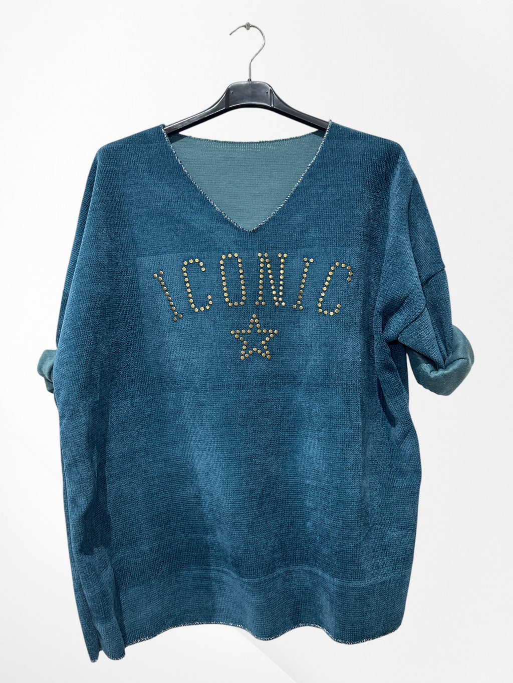 Pull en velour col V avec imprimer ICONIC