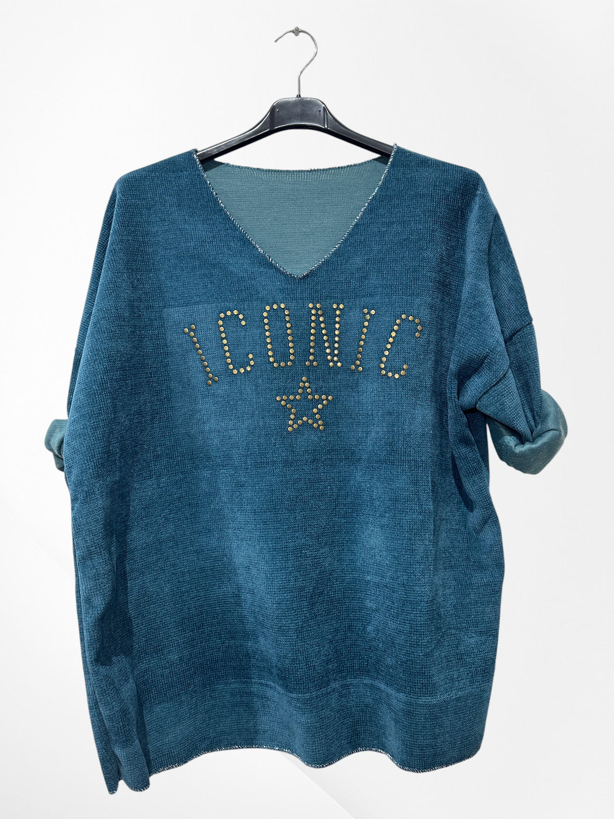 Pull en velour col V avec imprimer ICONIC
