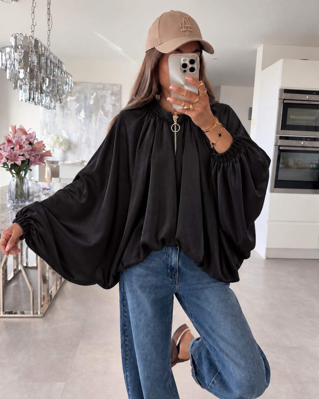 Veste blouse  Bomber Oversize Manches Chauve-Souris Ultra Amples Resserré En Bas Avec Élastique