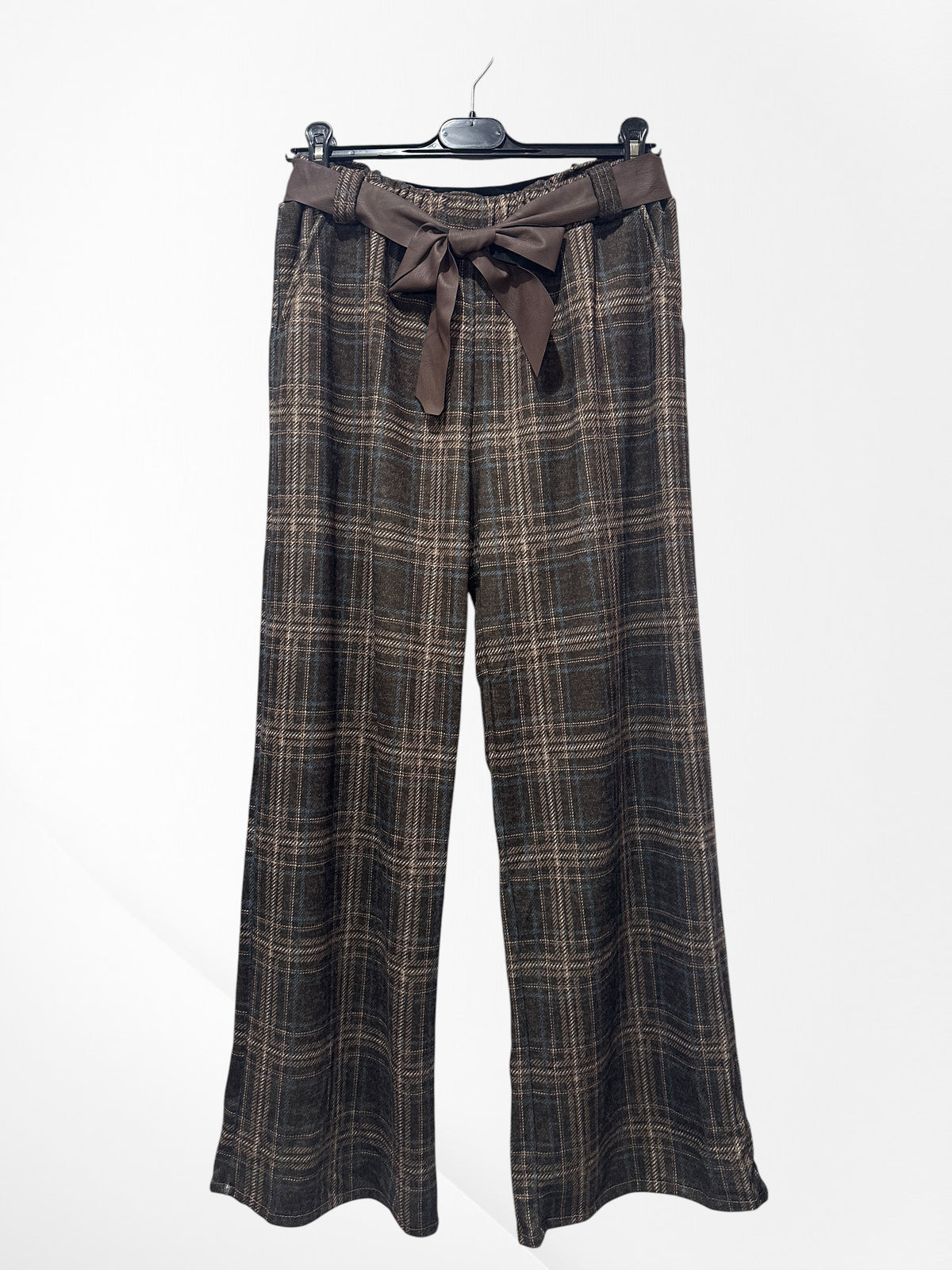 Pantalon À Carreaux, Patte Large Avec Ceinture Et Poche