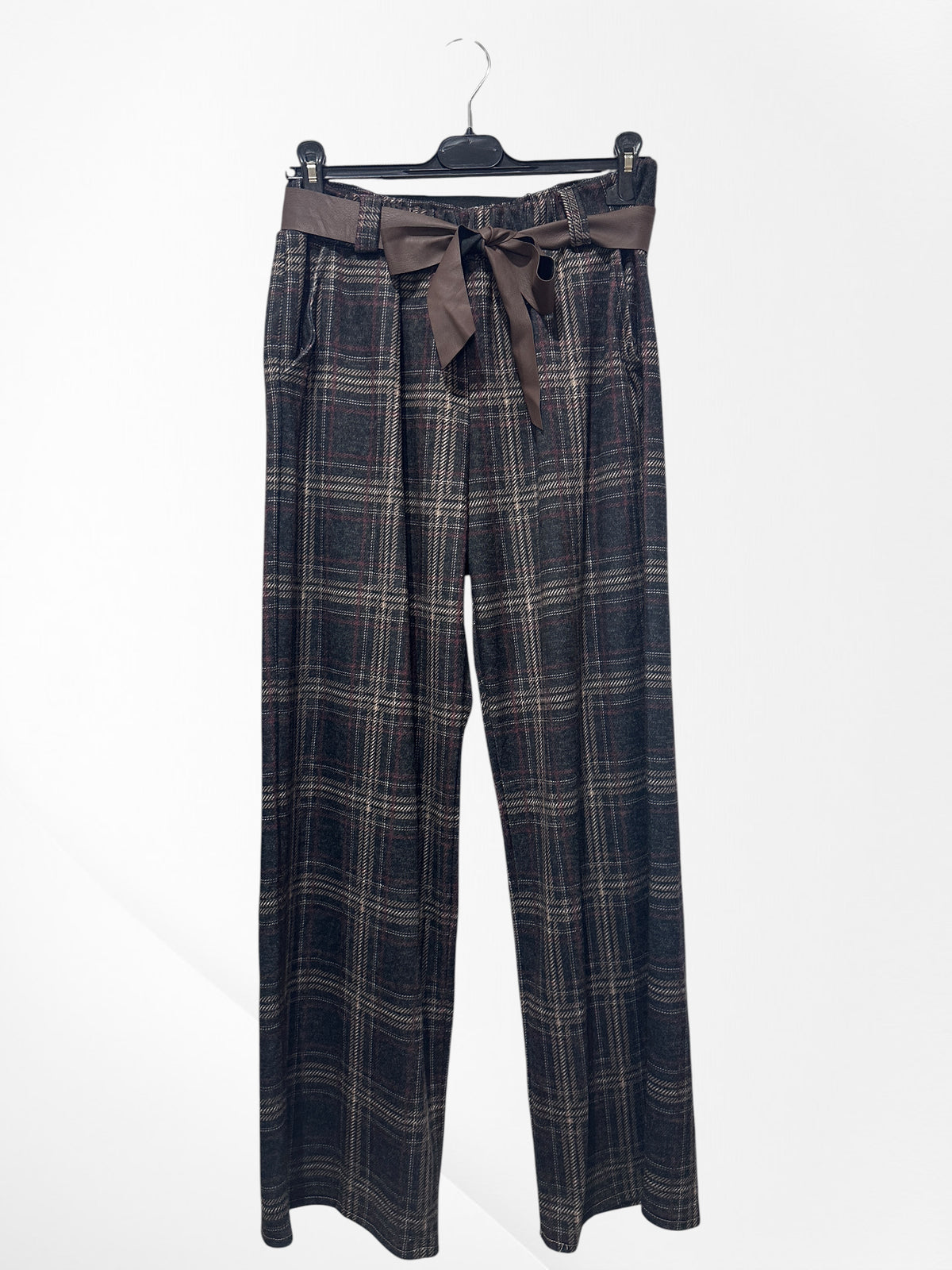 Pantalon À Carreaux, Patte Large Avec Ceinture Et Poche