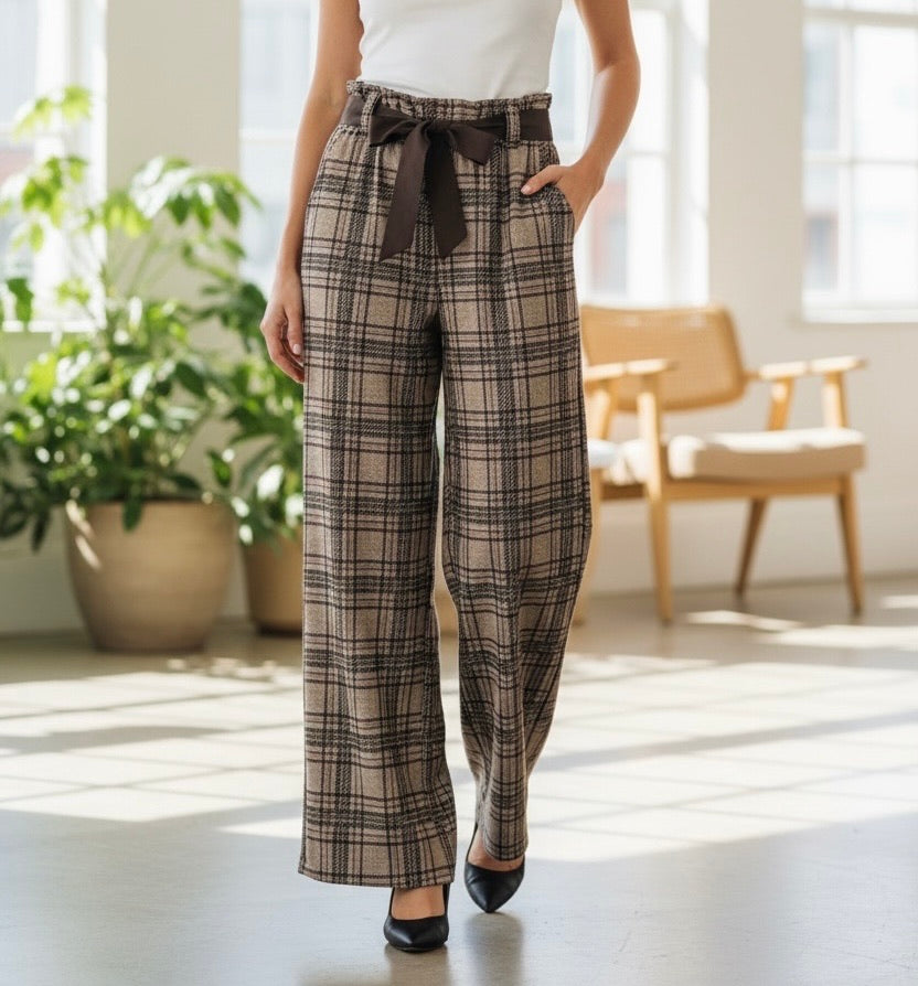 Pantalon À Carreaux, Patte Large Avec Ceinture Et Poche