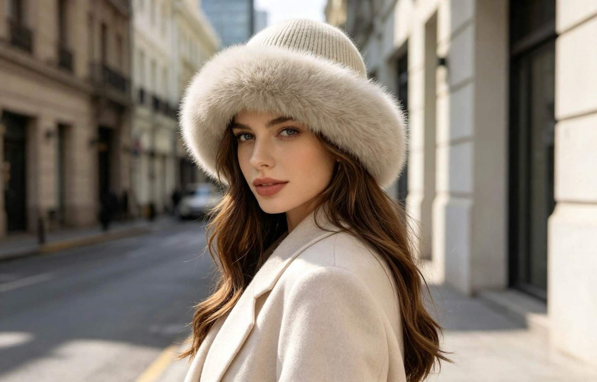 Chapeau mailles et fausse fourrure