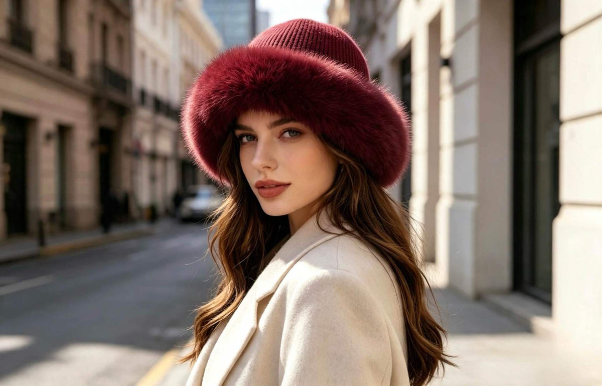 Chapeau mailles et fausse fourrure