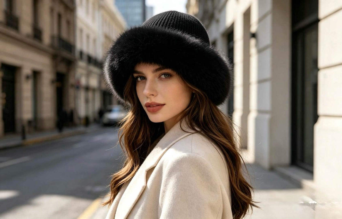 Chapeau mailles et fausse fourrure
