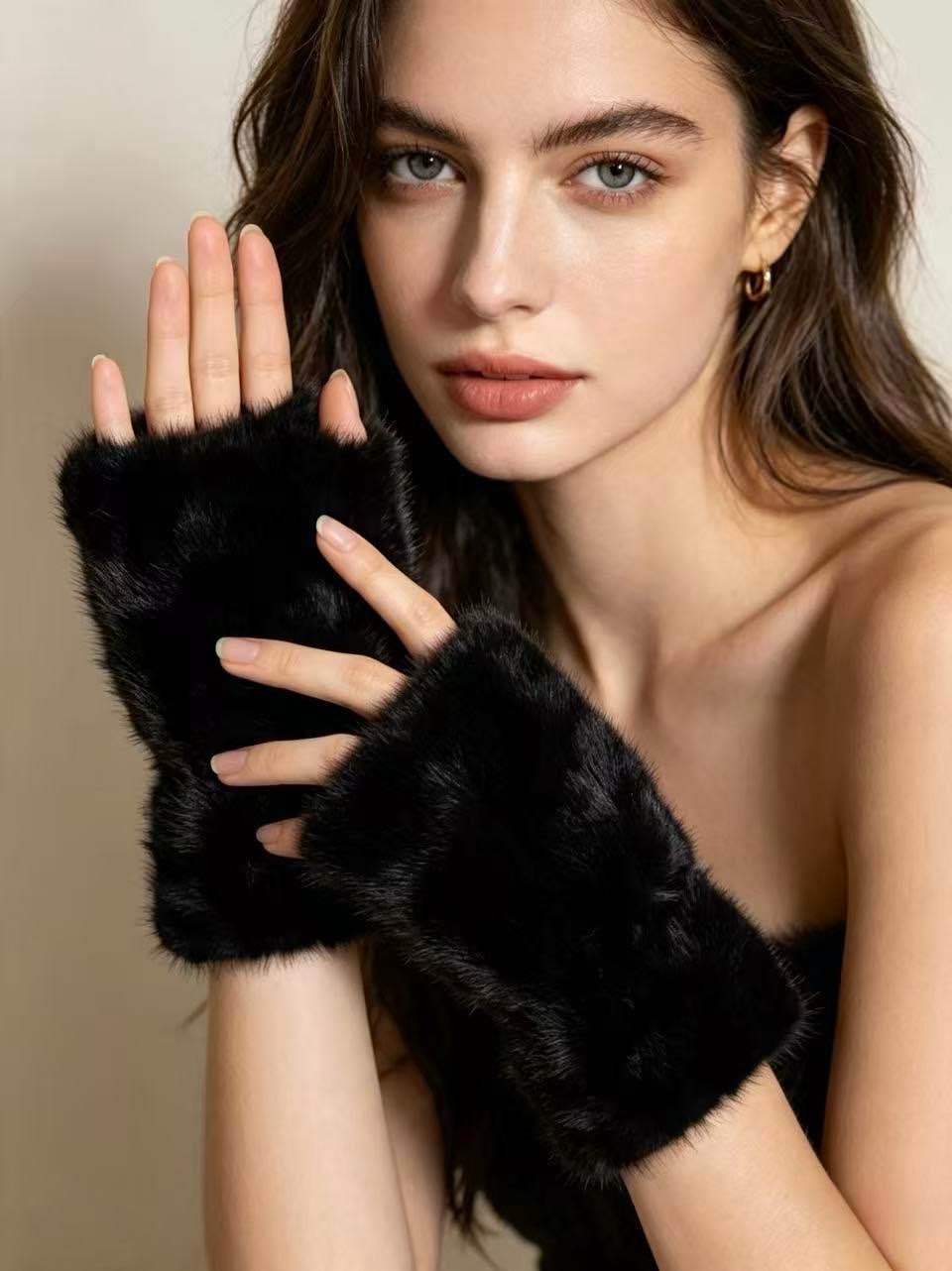 Gants mitaines femme en fausse fourrure de lapin, doublure épaisse, gants sans doigts chauds pour l’hiver