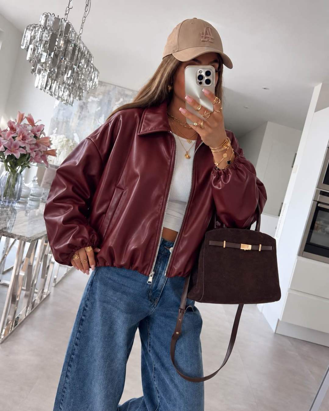 Veste bomber oversize en similicuir à col chemise et bas élastiqué