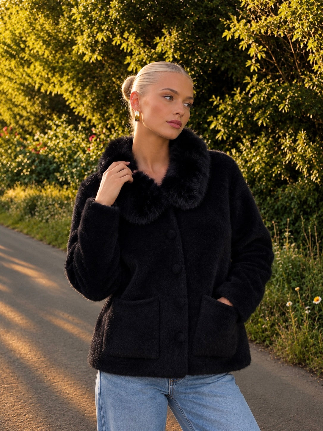Gilet veste À Col Fourrure Avec Poches Et Boutons Recouverts