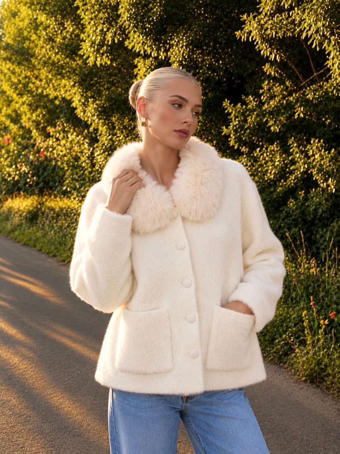 Gilet veste À Col Fourrure Avec Poches Et Boutons Recouverts