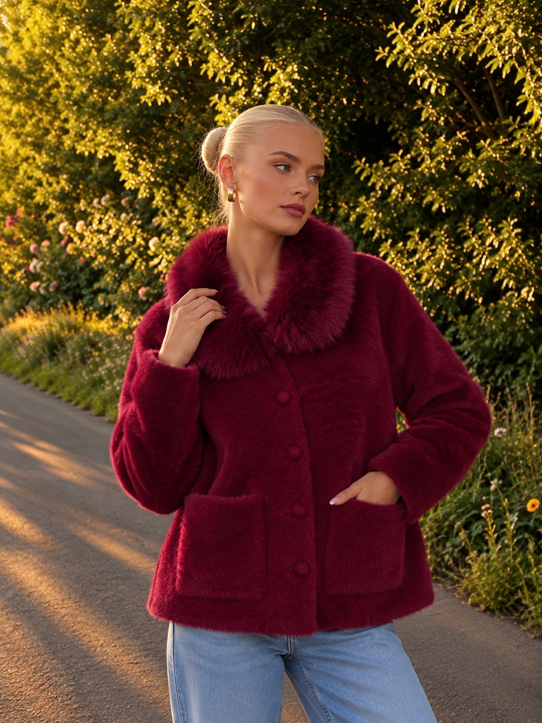 Gilet veste À Col Fourrure Avec Poches Et Boutons Recouverts