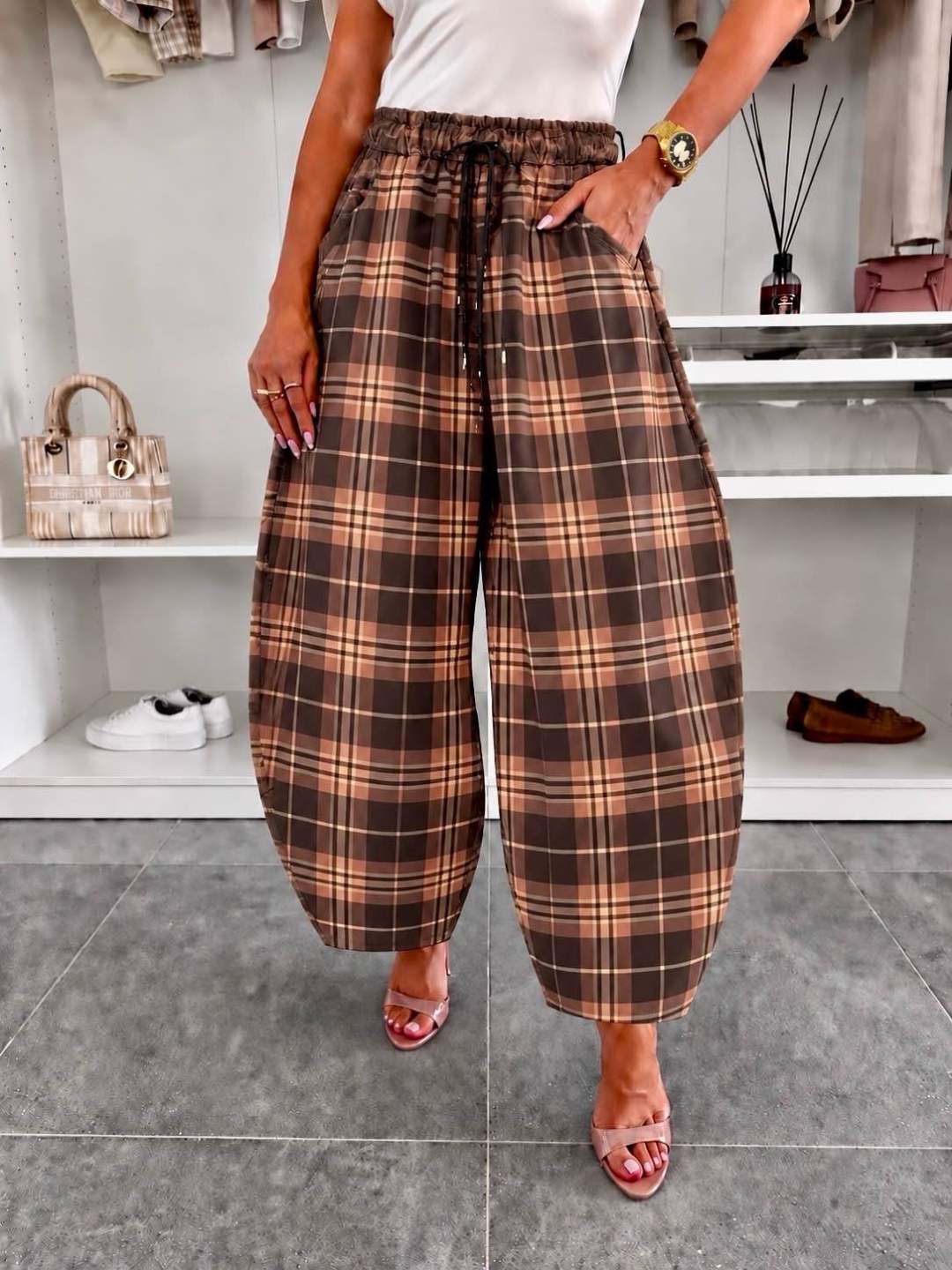 Pantalon ballon en suédine imprimé Carreaux  à taille élastiquée