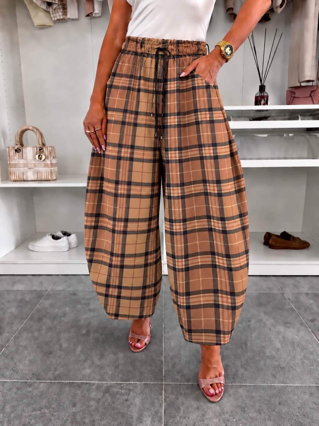 Pantalon ballon en suédine imprimé Carreaux  à taille élastiquée