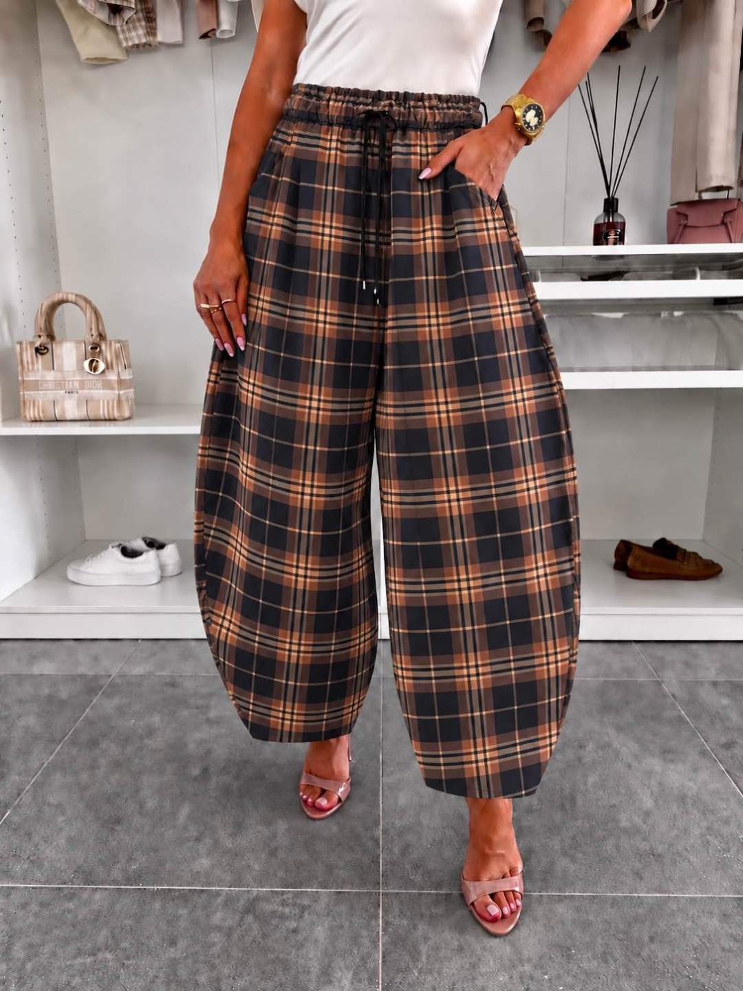 Pantalon ballon en suédine imprimé Carreaux  à taille élastiquée