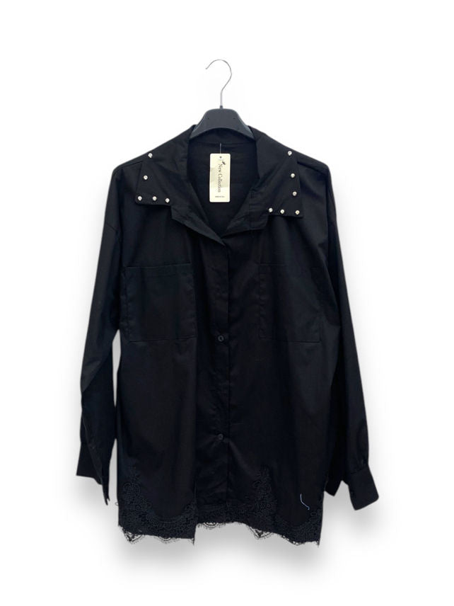 Chemise coton dentelle col strass