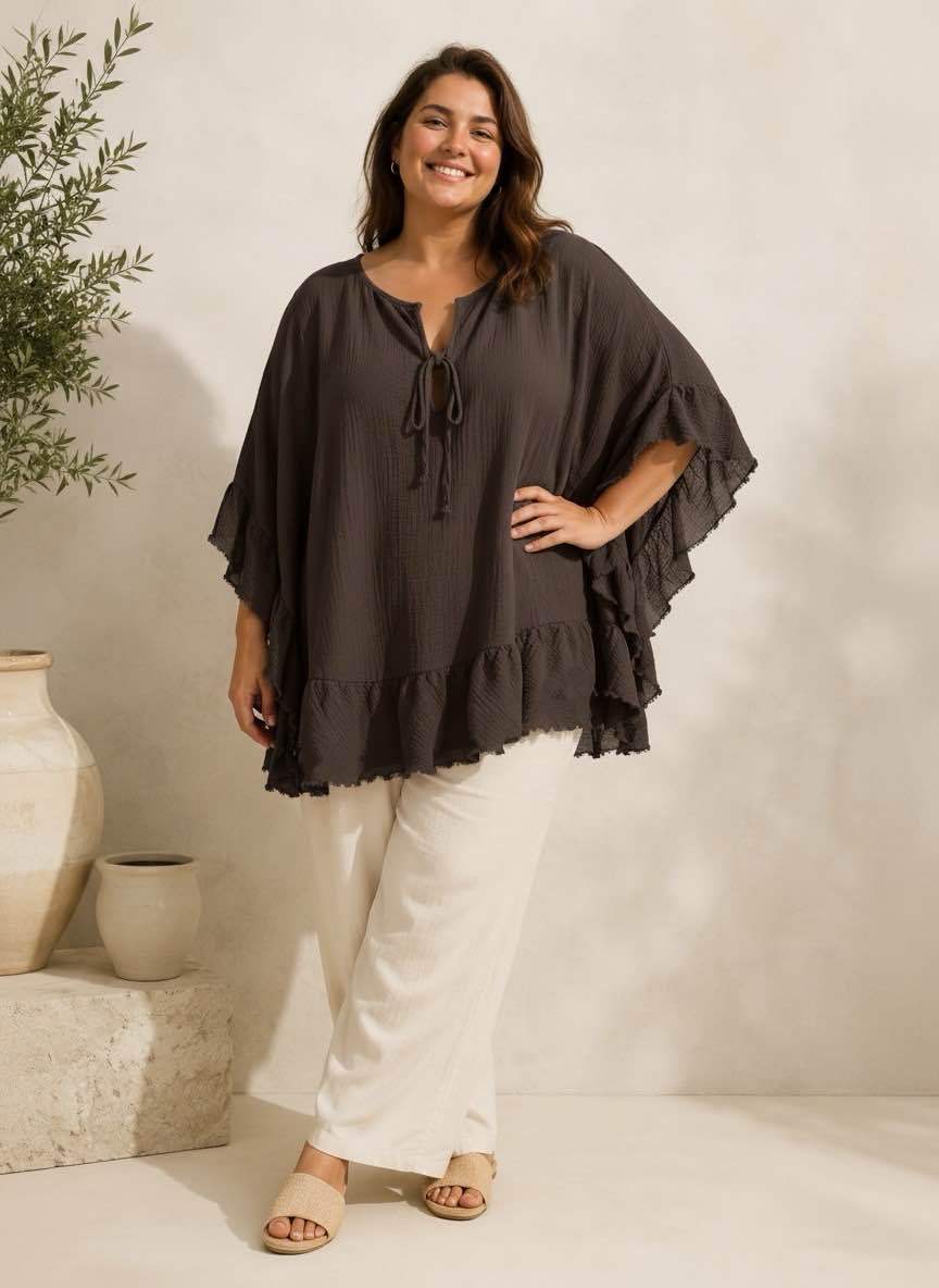 Blouse Poncho uni gaz de coton - L'autre mode
