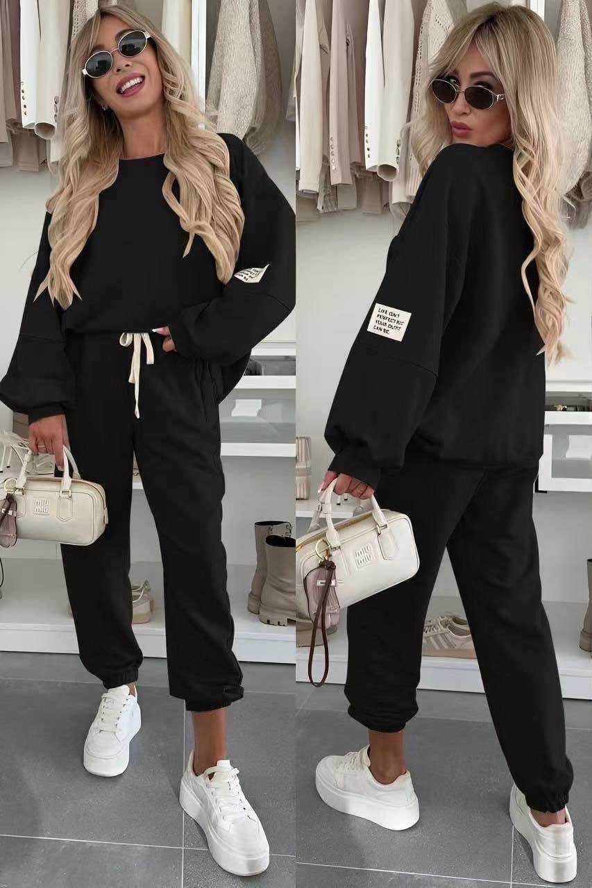 Ensemble Oversize Inscription Sur La Manche Pantalon Taille Élastique - L'autre mode