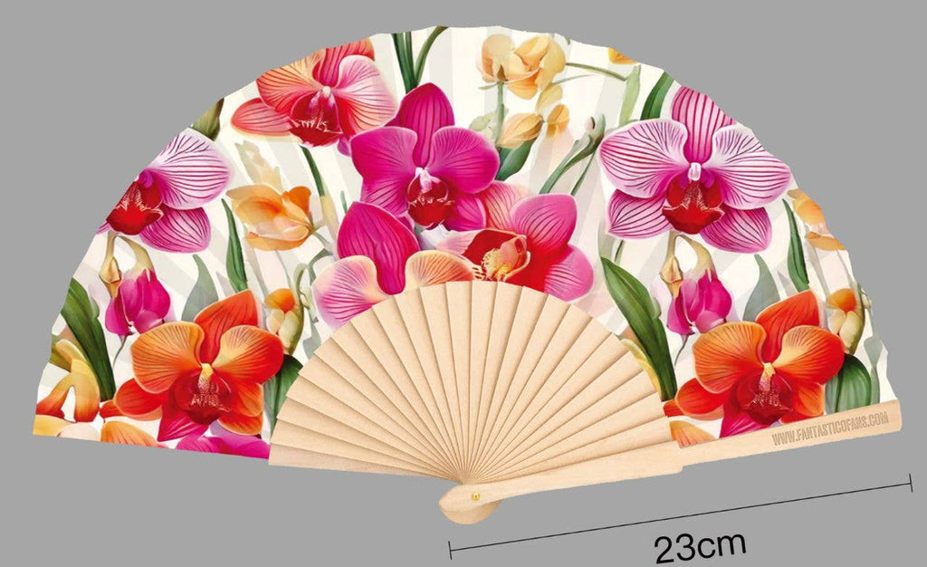 Éventail imprimé orchidées 23 cm - L'autre mode