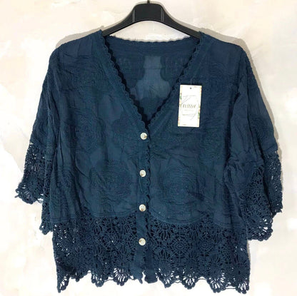 Gilet coton dentelle manches courtes - L'autre mode