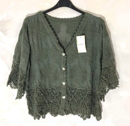 Gilet coton dentelle manches courtes - L'autre mode