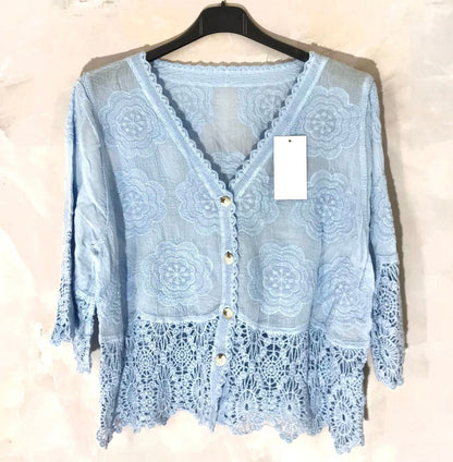 Gilet coton dentelle manches courtes - L'autre mode