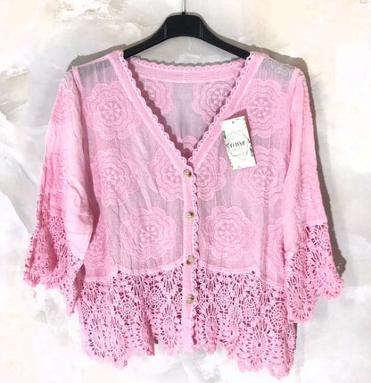 Gilet coton dentelle manches courtes - L'autre mode