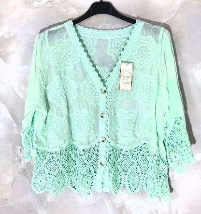 Gilet coton dentelle manches courtes - L'autre mode