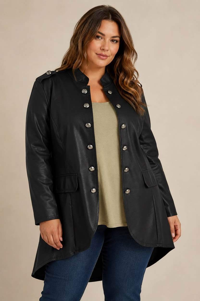 Veste caporal noire en simili cuir L'autre mode avec boutons argentés et coupe asymétrique