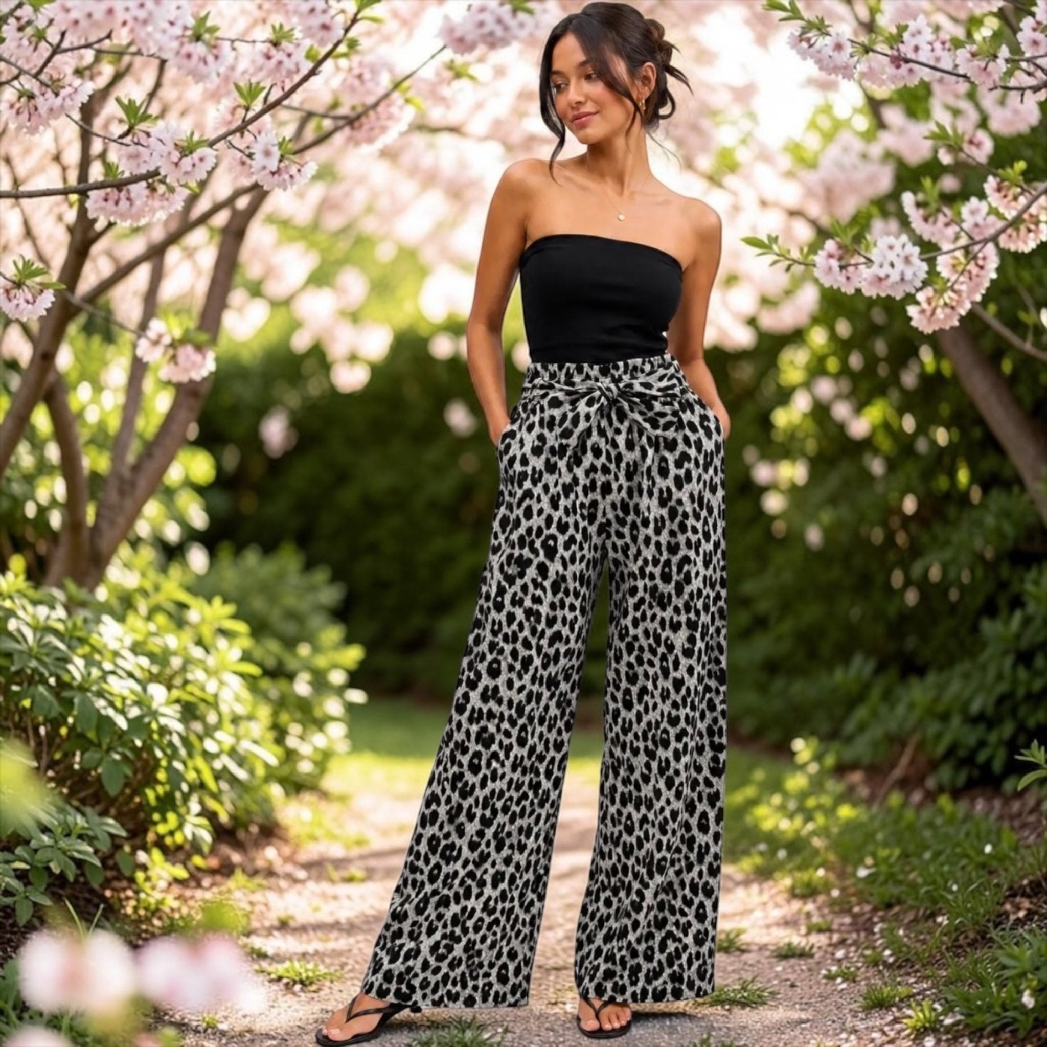 pantalon fluide avec ceinture motifs léo fins - L'autre mode