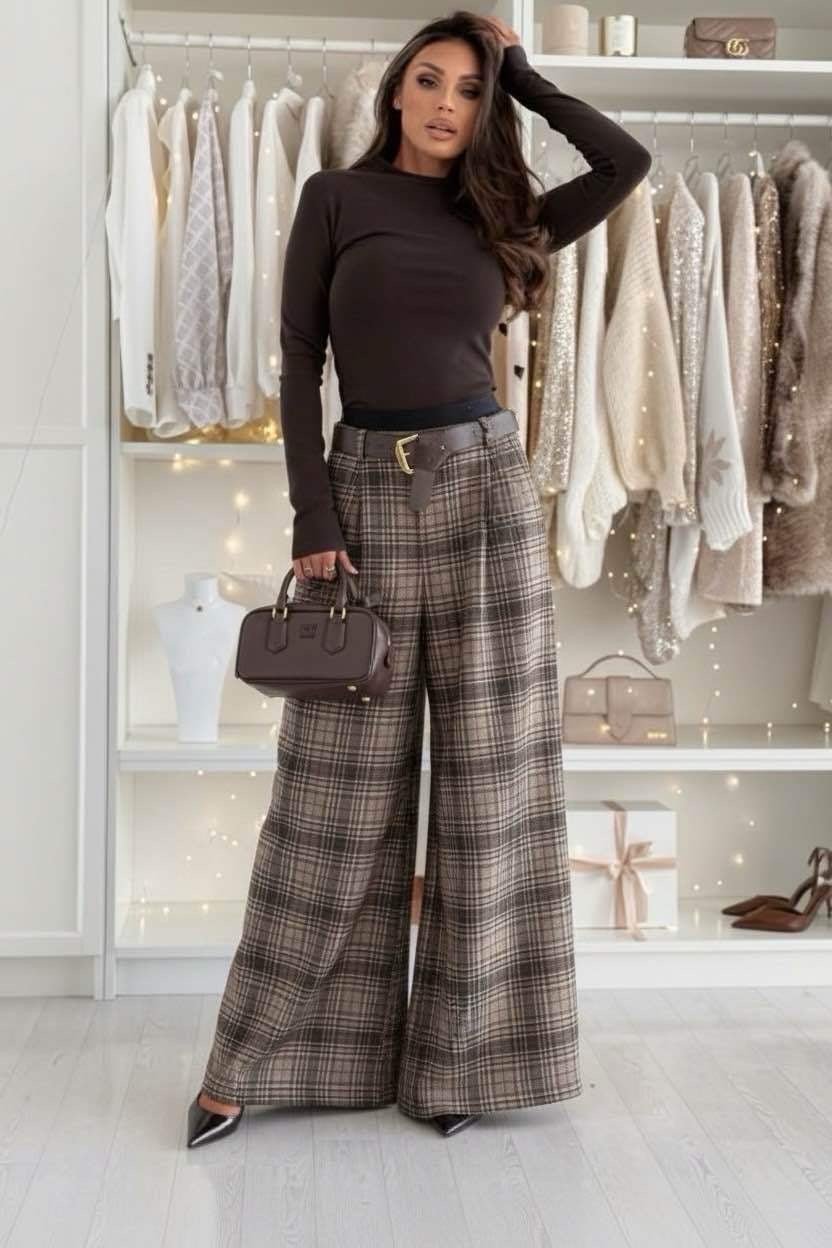 Pantalon Large à Carreaux Effet Laine Doux avec Ceinture - L'autre mode