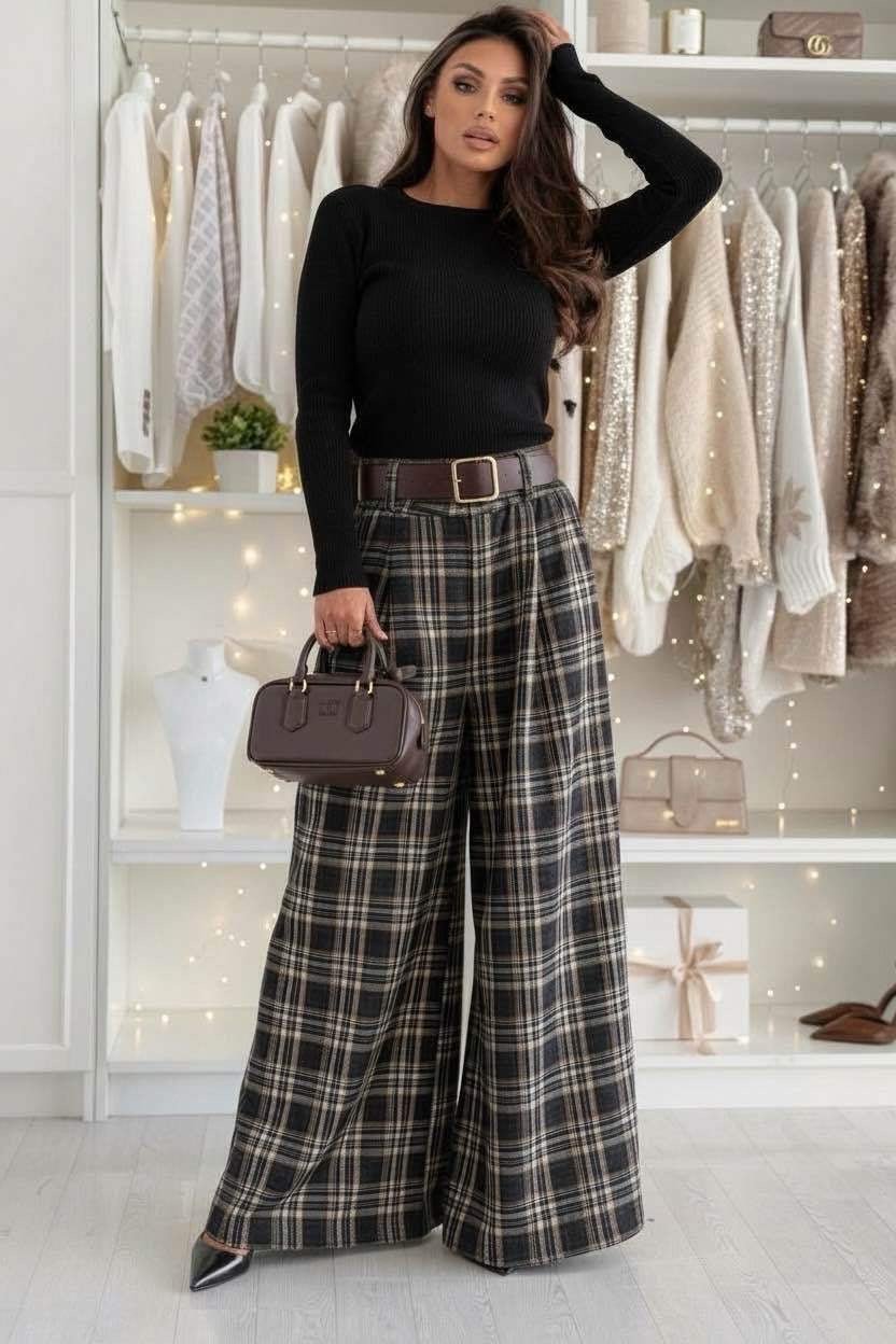 Pantalon Large à Carreaux Effet Laine Doux avec Ceinture - L'autre mode