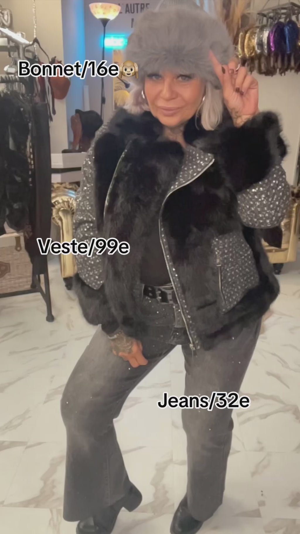 Veste courte scintillante à empiècements en fausse fourrure