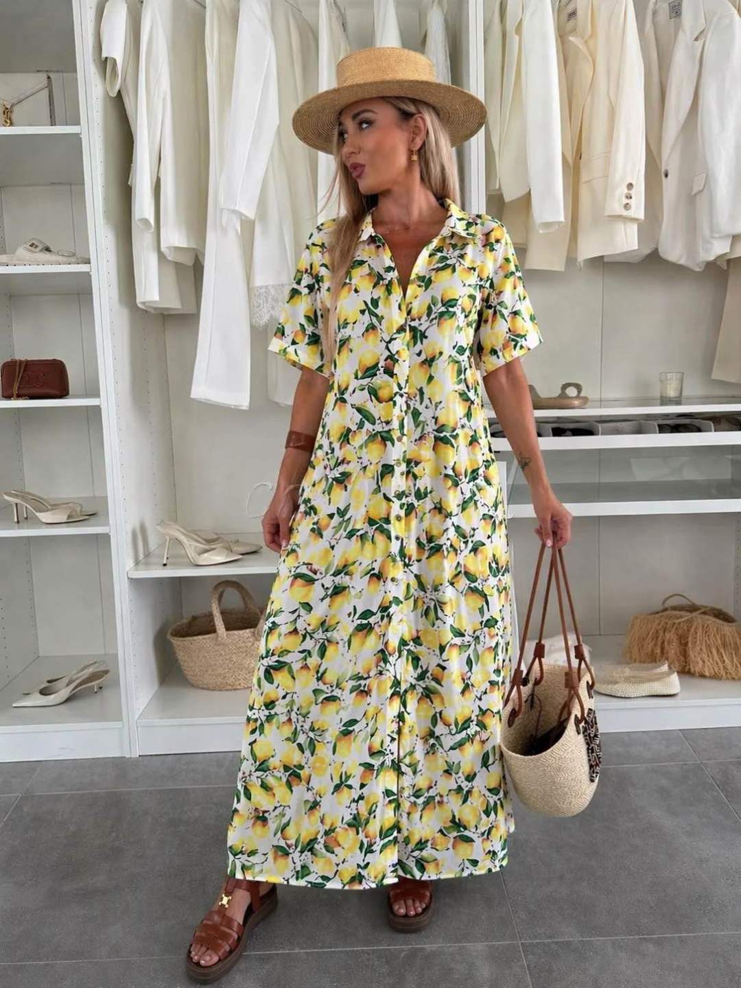 Robe Chemise Coupe Ample Imprimé Citron - L'autre mode
