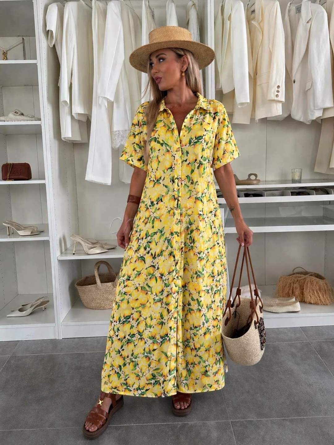 Robe Chemise Coupe Ample Imprimé Citron - L'autre mode