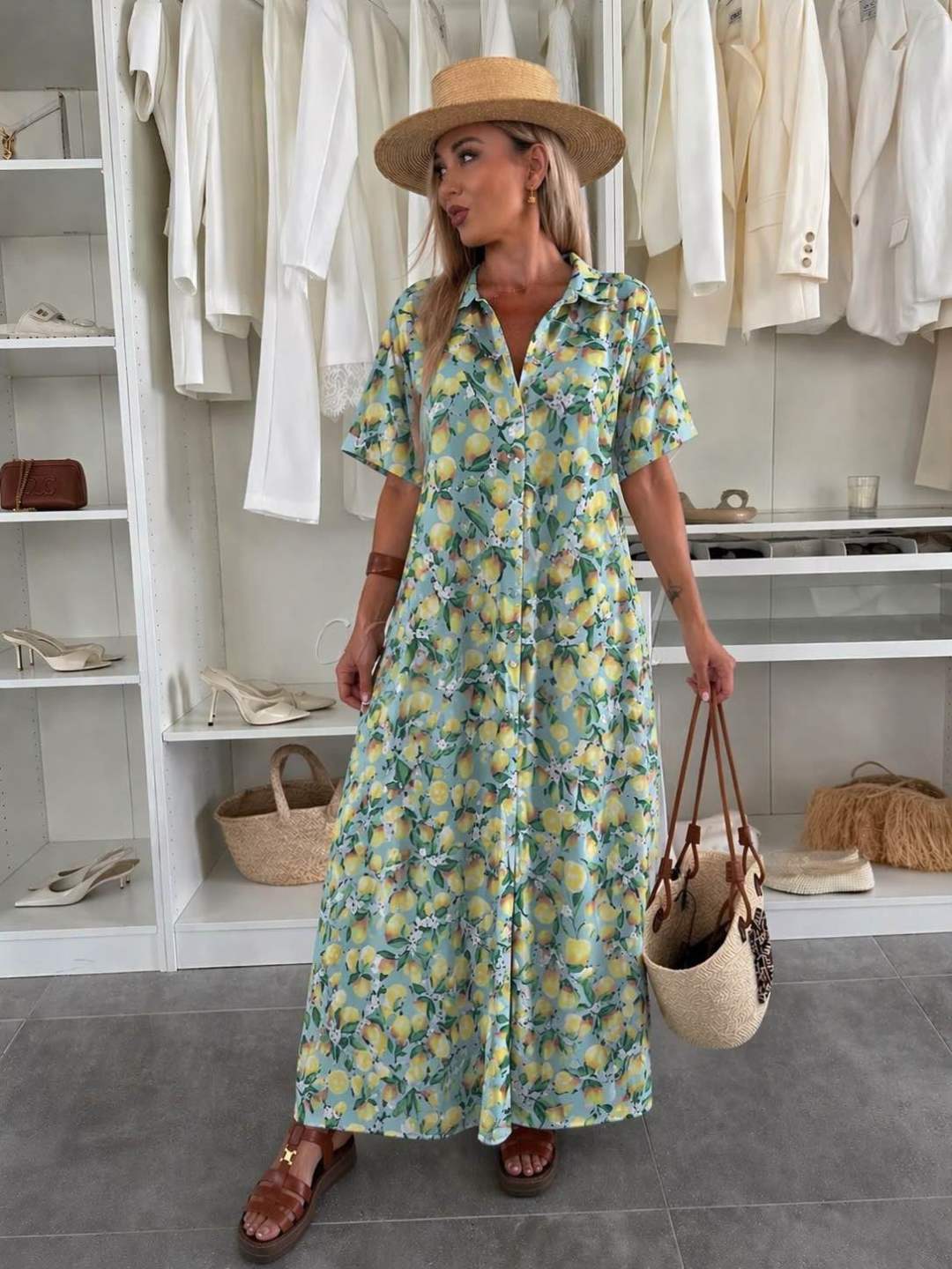 Robe Chemise Coupe Ample Imprimé Citron - L'autre mode